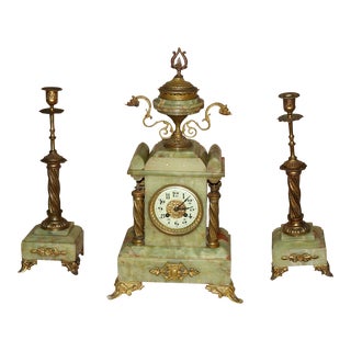 Late 19th Century French Art Nouveau Green Onyx Clock & Garnitures - Set of 3 For Sale