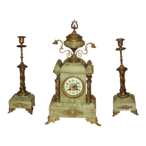 Late 19th Century French Art Nouveau Green Onyx Clock & Garnitures - Set of 3