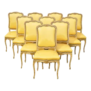 Early 20th Century Vintage French Louis XV Style Parcel Gilt Carved Dining Side Chairs - Set of 10