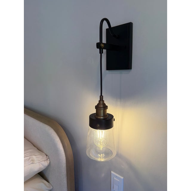 Industrial Blackened Brass & Antique Brass Hanging Glass Wall Sconces - a Pair For Sale - Image 4 of 6
