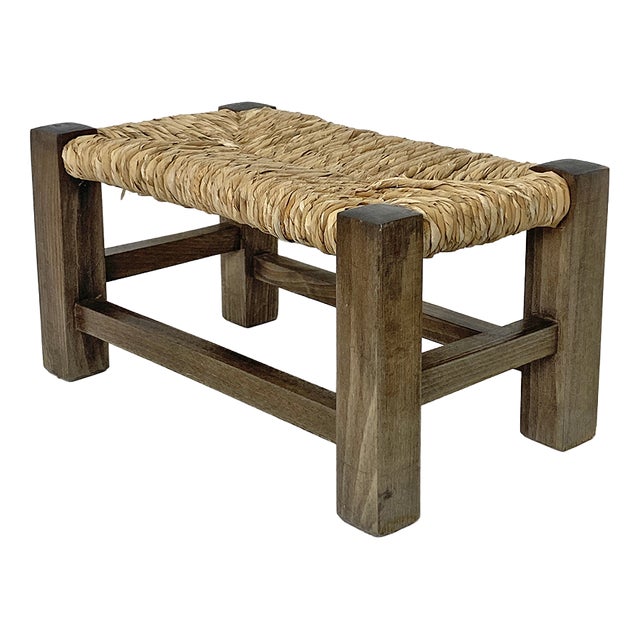 Rustic Wooden and Straw Ottoman, 1950 For Sale