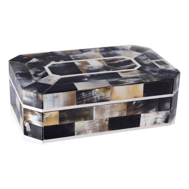 Baldur Black Horn Inlaid Decorative Box with Ivory Trim, 11.25" x 7.25" x 3.5" For Sale