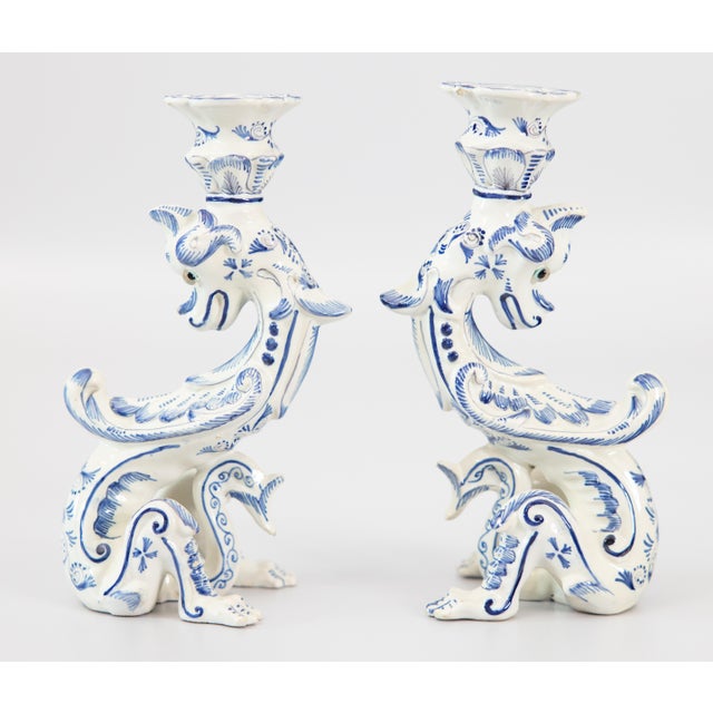 Dutch Delft Faience Dragon Candlesticks, Circa 1930 - A Pair For Sale - Image 12 of 12