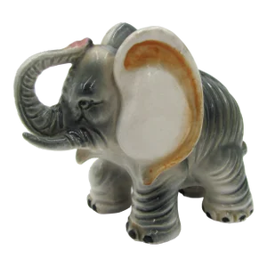 Vintage Mid 20th Century Hand Painted Ceramic Elephant Figurine With Trunk Up