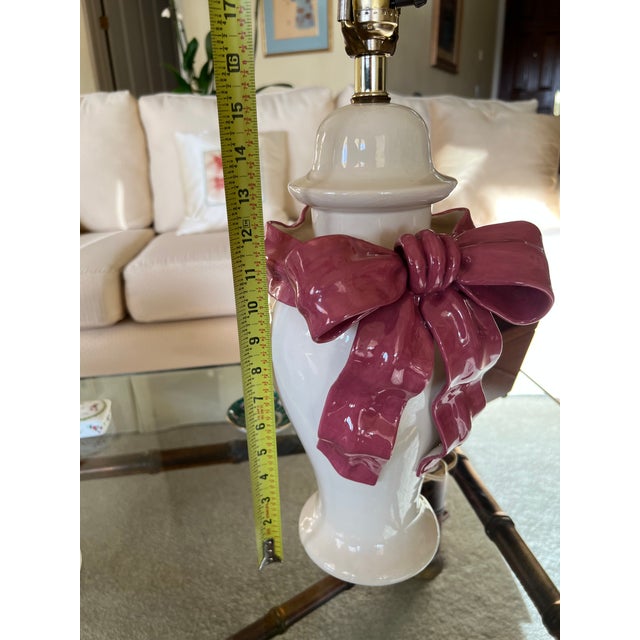 1980s 1980s Pair of Authentic BetLar Inc. White Ceramic With Pink Ribbon Bow Table Lamps For Sale - Image 5 of 6