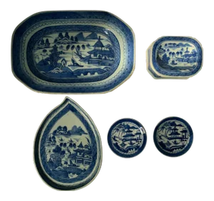 Antique 18th Century Chinese Export Blue and White Canton Porcelain Dishes - Set of 5