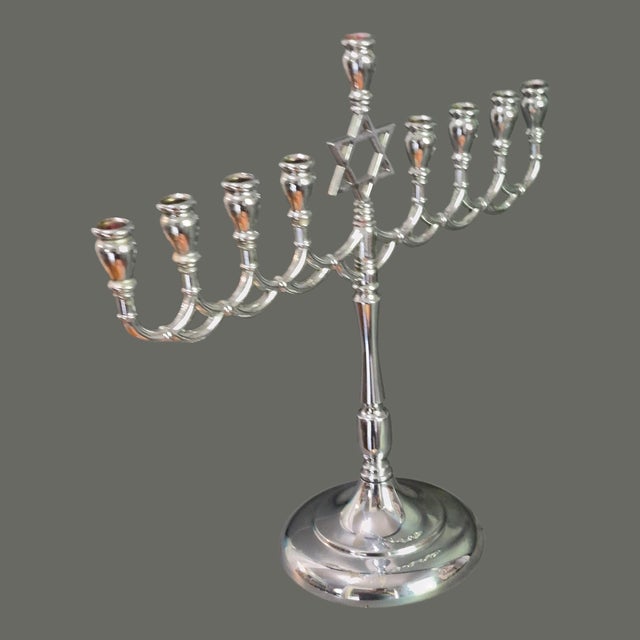 1940s Vintage Judaica Hanukkah Menorah Candelabra Chrome Silver 9 Candle Star of David For Sale - Image 5 of 8