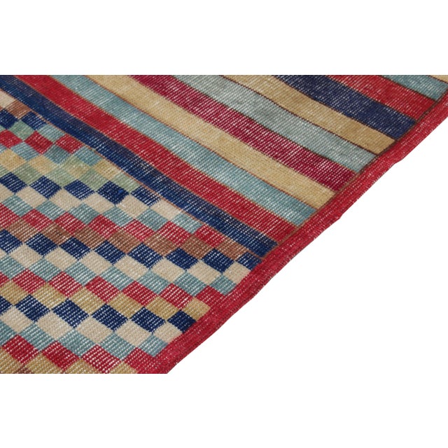 1960s Distressed Vintage Deco Runner in Blue, Red, Beige-Brown Geometric Pattern For Sale - Image 5 of 6
