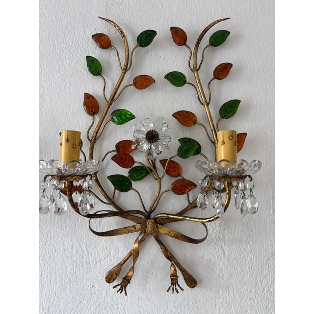 French Maison Baguès Style Colored Leaves Floral Crystal Prisms Bows Sconces For Sale - Image 6 of 9
