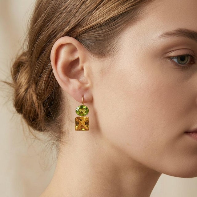 Citrine and peridot 14k gold earrings. Yellow and green gemstones earrings. Casual earrings with natural gemstones. Metal:...