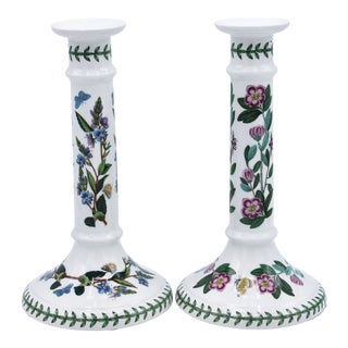 Vintage English Botanic Floral Ceramic Candlesticks For Sale
