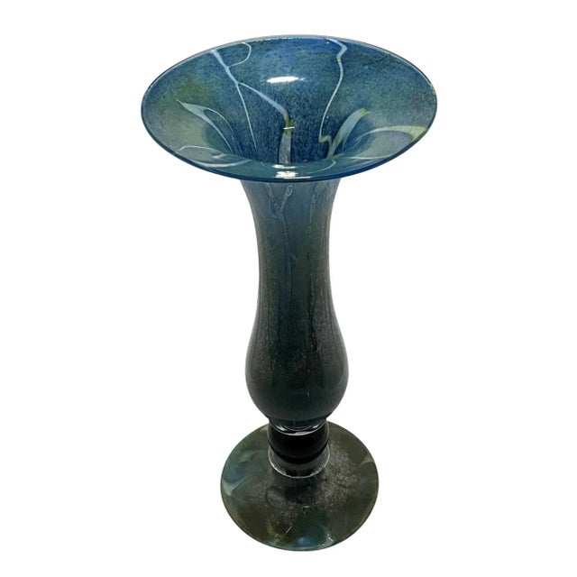 A gorgeous KFK Studio hand-blown marbled effect art glass vase. Signed and dated 1999. The artist used a mixture of green,...