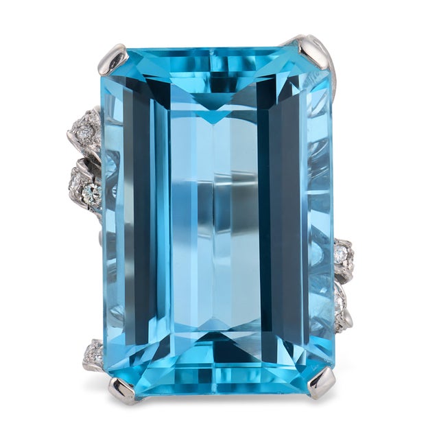 Contemporary Nadja Buckley Mid Century 51.50 Carat Aquamarine Diamond Platinum Cocktail Ring, Size 5 For Sale - Image 3 of 6