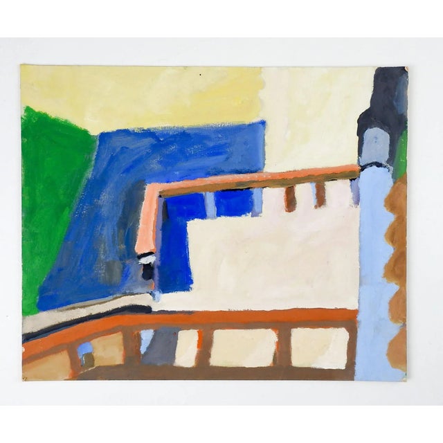 Circa late 20th century matte medium on artist board abstract street view by Marilyn Lanfear (1930-2020) Texas. Unsigned....