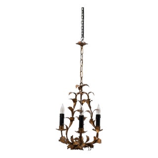 20th Century Italian Gilt Metal Tole Chandelier with Leaf Motif For Sale
