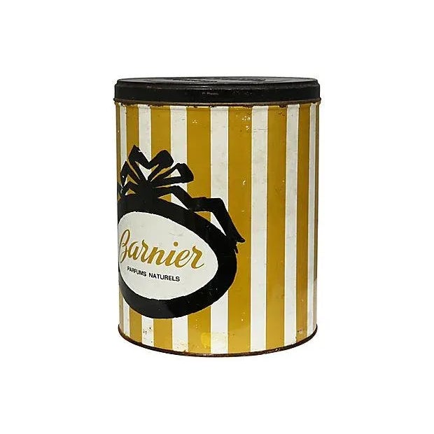 Mid-Century French perfume shop display tin box. Maker's mark on underside.