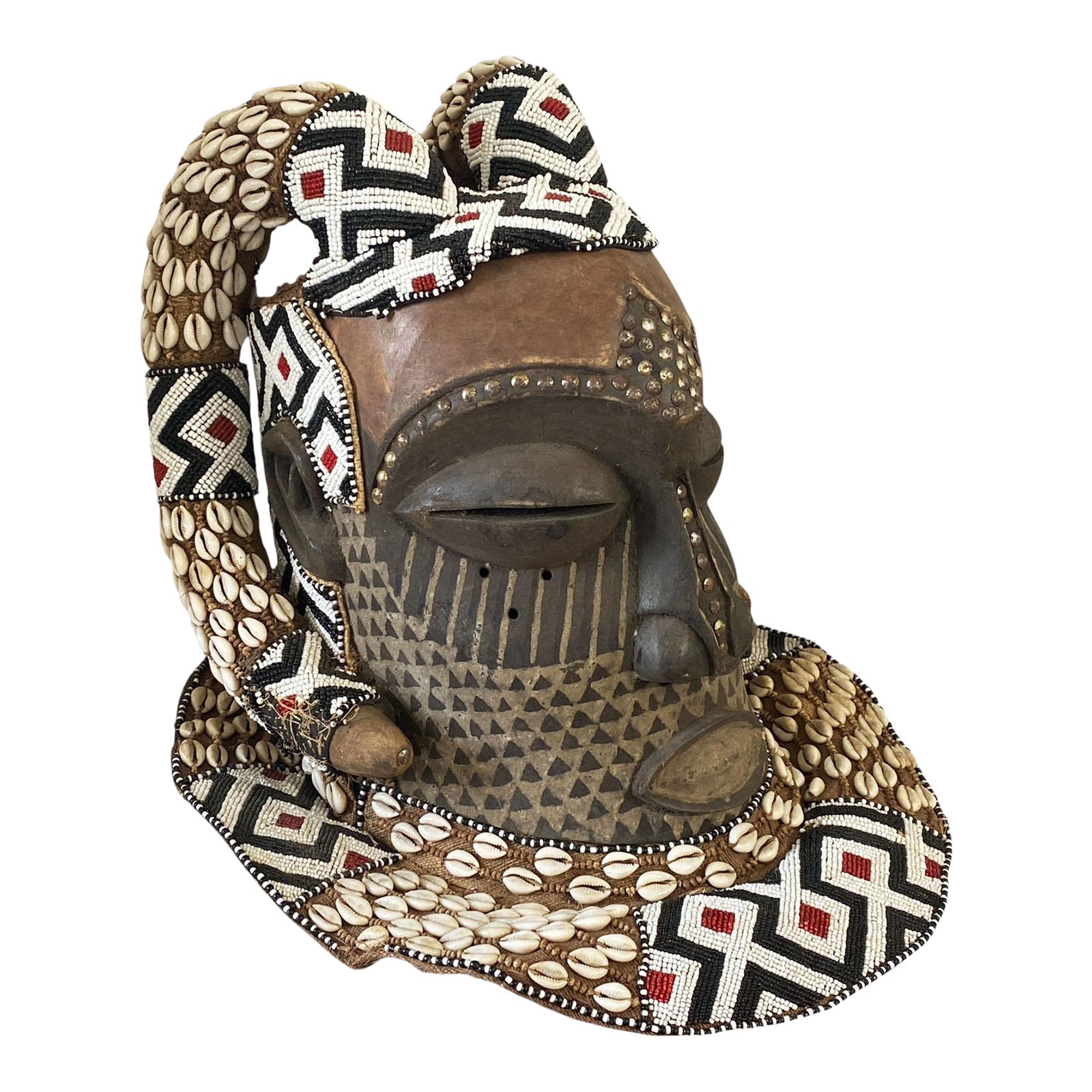 Vintage Large African Tribal Beaded Kuba Royal Head Mask Congo 15