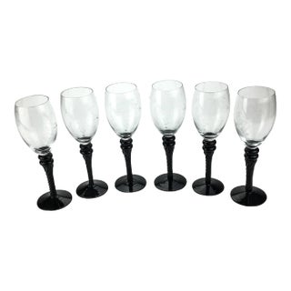 1970s Black Crystal Etched Stemware Wine Glasses - Set of 6 For Sale