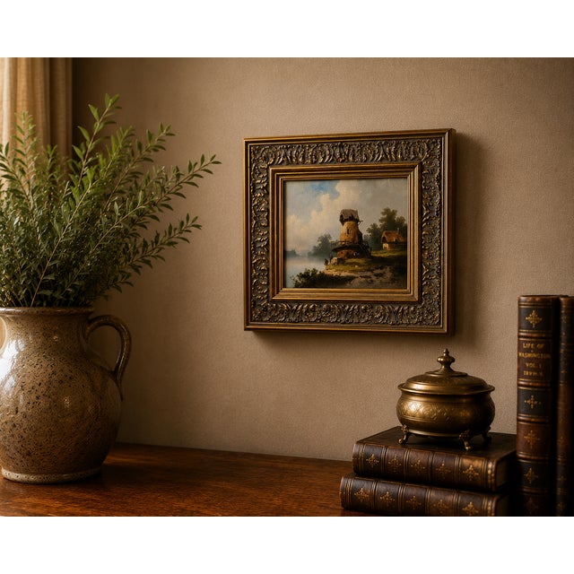 Traditional Antique Continental School Oil on Canvas Landscape With Windmill, Signed “Brüguer,” Circa 1880-1910 For Sale - Image 3 of 10