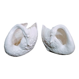 Vintage Large Ceramic White Swan Shaped Planters- a Pair For Sale