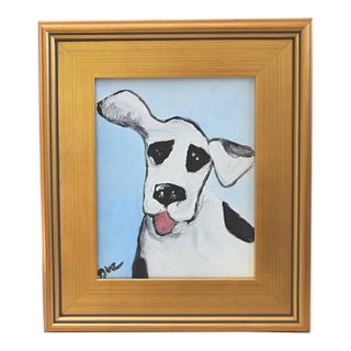 Folk Art Doggie Dog Puppy Oil Painting Including the Antiqued Gold Wood Frame For Sale