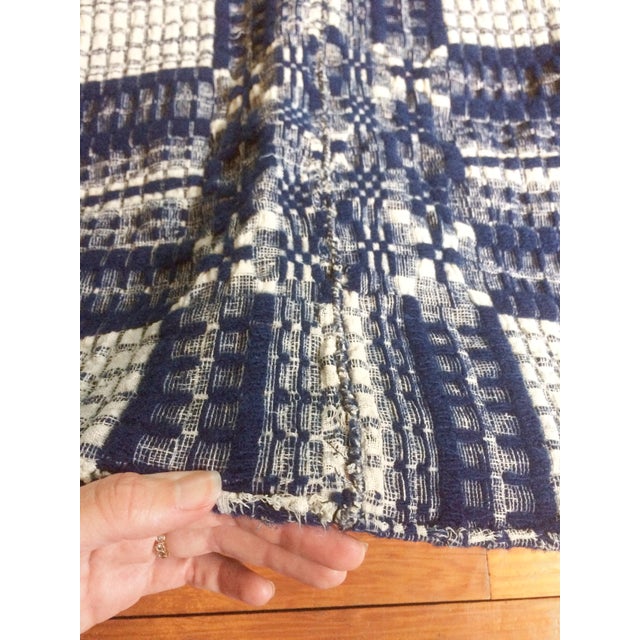 Antique Blue and White Hand Loomed Wool Coverlet Throw Blanket With