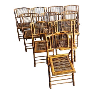 Boho Chic Rattan Burnt Finish Folding Dining Chairs - Set of 10 For Sale
