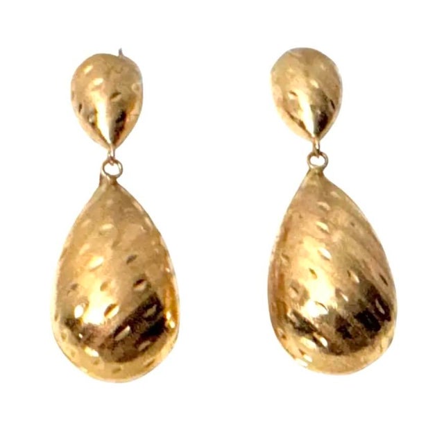 Metal 14k Yellow Gold Textured Drop Earrings For Sale - Image 7 of 7