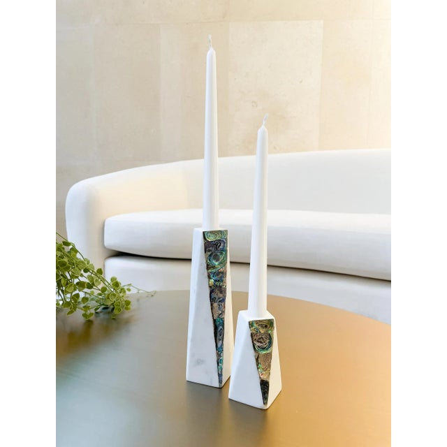 White White Marble Rainbow Mother of Pearl Candle Holder - Large For Sale - Image 8 of 12