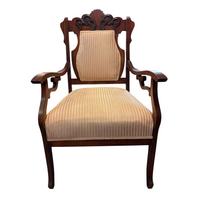 Antique Victorian Carved Wood Armchair With Striped Silk Upholstery For Sale