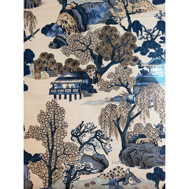 Asian Thibaut F975461 Asian Scenic Blue and Beige Fabric 4 Yards For Sale - Image 3 of 6