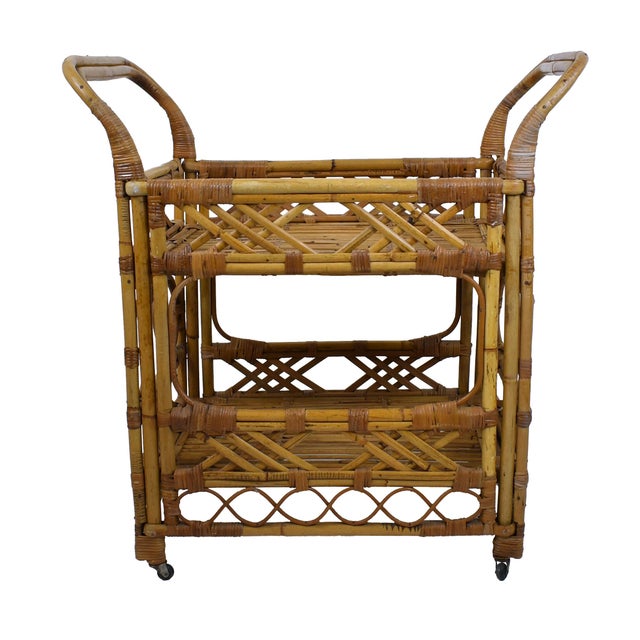 Coastal Fretwork Rattan Bar Cart For Sale - Image 3 of 5