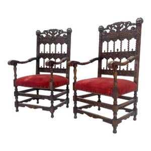 Fine Carved North Winds Faces Heavy Oak Arm Chairs Twisted Spindles c1900s MINT - A Pair