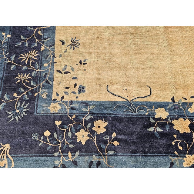 Antique Chinese Peking Rug, Wool Pile, Tan Field, Navy Border, 9' x 12' For Sale - Image 13 of 17