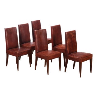 Set of 6 French Wood and Leather Dining Chairs in the Manner of Jean-Michel Frank, C. 1940 For Sale