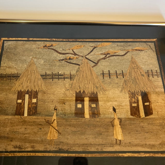 Tan 1980s Vintage African Dry Banana Leaf Art Two Women Working a Village Huts & Fence, Framed For Sale - Image 8 of 8