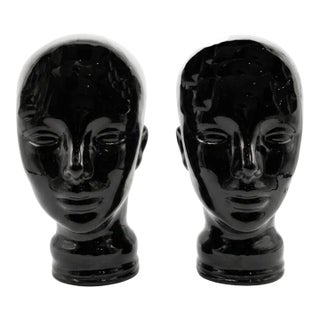 1970s Vintage Spanish Glossy Black Glass Mannequin Heads — Pair of Sculptural Bookends For Sale