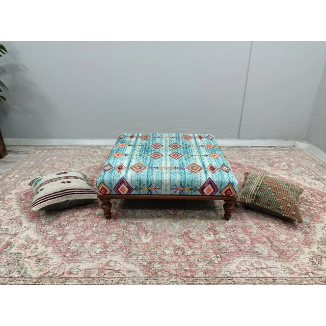 Baby Blue Blue Rug Print Fabric Upholstered Soft Top Square Coffee Table Ottoman For Sale - Image 8 of 8