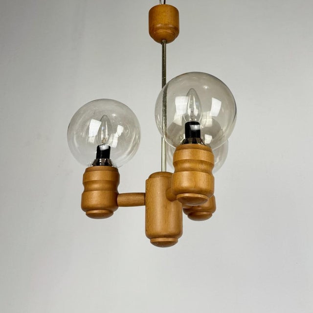 Mid-Century Modern Mid-Century Modern Scandinavian Three-Arm Pendant Light in Pine and Smoked Glass Globes, 1970s For Sale - Image 3 of 7