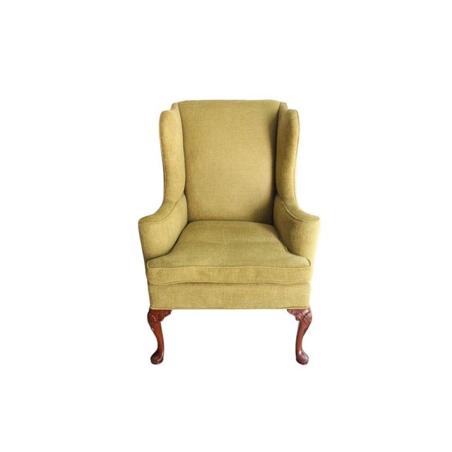 Wood Vintage Queen Anne Style Chenille Wingback Chairs - Set of 2 For Sale - Image 7 of 14