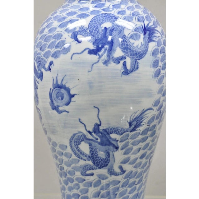 Vintage Chinese Export Delf Style Blue and White Porcelain 25" Tall Dragon Vase For Sale - Image 11 of 11