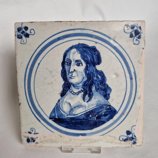 Dutch Delft Tile with Portrait of Amalia Van Solms, 1600s For Sale - Image 3 of 9
