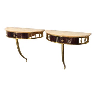 Mid-Century Modern Marble and Brass Wall-Mounted Nightstands, Italy, 1950s, Set of 2 For Sale