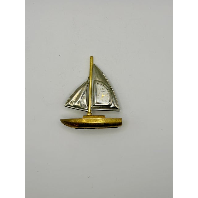 Vintage Elgin Sailboat Desk Clock | Mid-Century Brass & Chrome Nautical Miniature Timepiece For Sale - Image 4 of 6