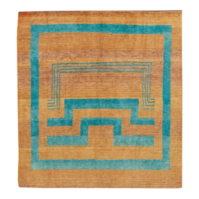 Modern Deco Style Handmade Geometric Goldenrod and Teal Wool Rug For Sale