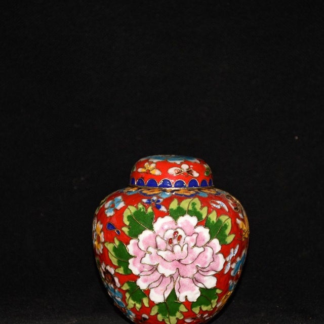 Cloisonné Enamel Small Melon Ginger Jar With Peony Motif and Lid For Sale - Image 9 of 9