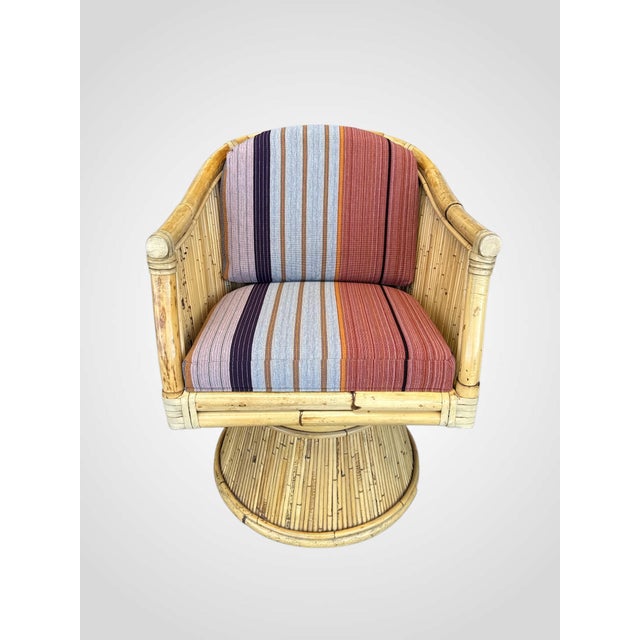 Contemporary Rare Set of 4 McGuire Bamboo Rocking Swivel Lounge Chairs in Knoll “Stripe It” With Matching Table, Circa 1980s For Sale - Image 3 of 13