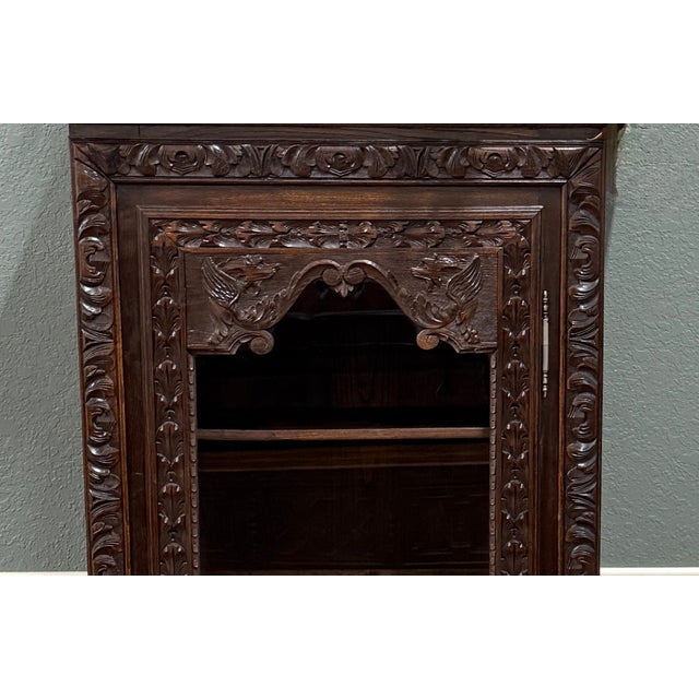 Antique French Breton Bookcase Armoire Linen Cab Wavy Glass Carved Chestnut 19th For Sale - Image 9 of 18