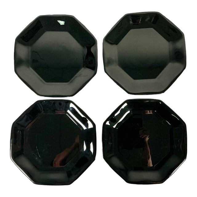 1980s Postmodern Contemporary French Black Glass Dinner Plates - Set of 4 For Sale