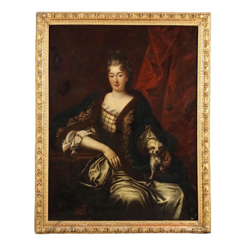 French School Artist, Portrait of a Noblewoman with a Puppy, 1700s, Oil Painting, Framed For Sale